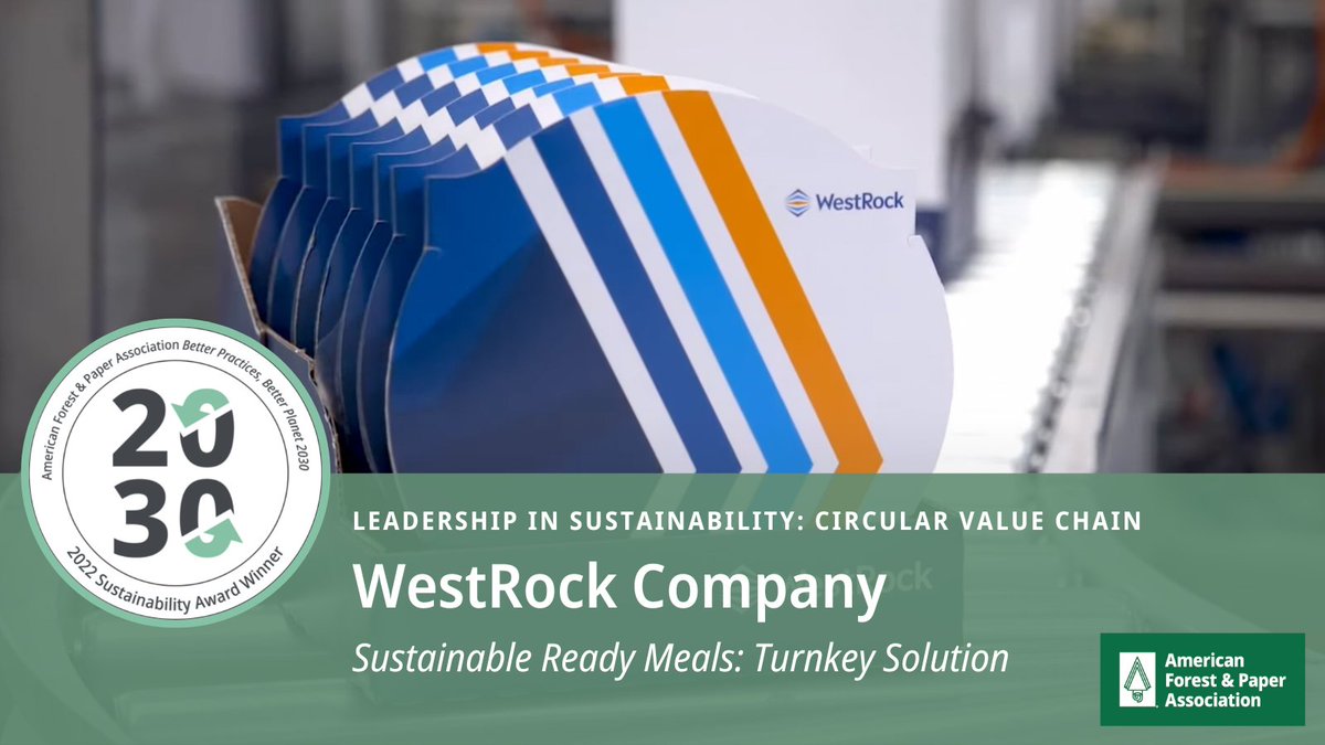 Congratulations to @WestRock, recipient of our Leadership in Sustainability Award for Circular Value Chain. Check out their Sustainable Ready Meals: Turnkey Solution, a recyclable fiber-based wrap and shelf-ready case pack for the frozen foods market: bit.ly/3jL23I4