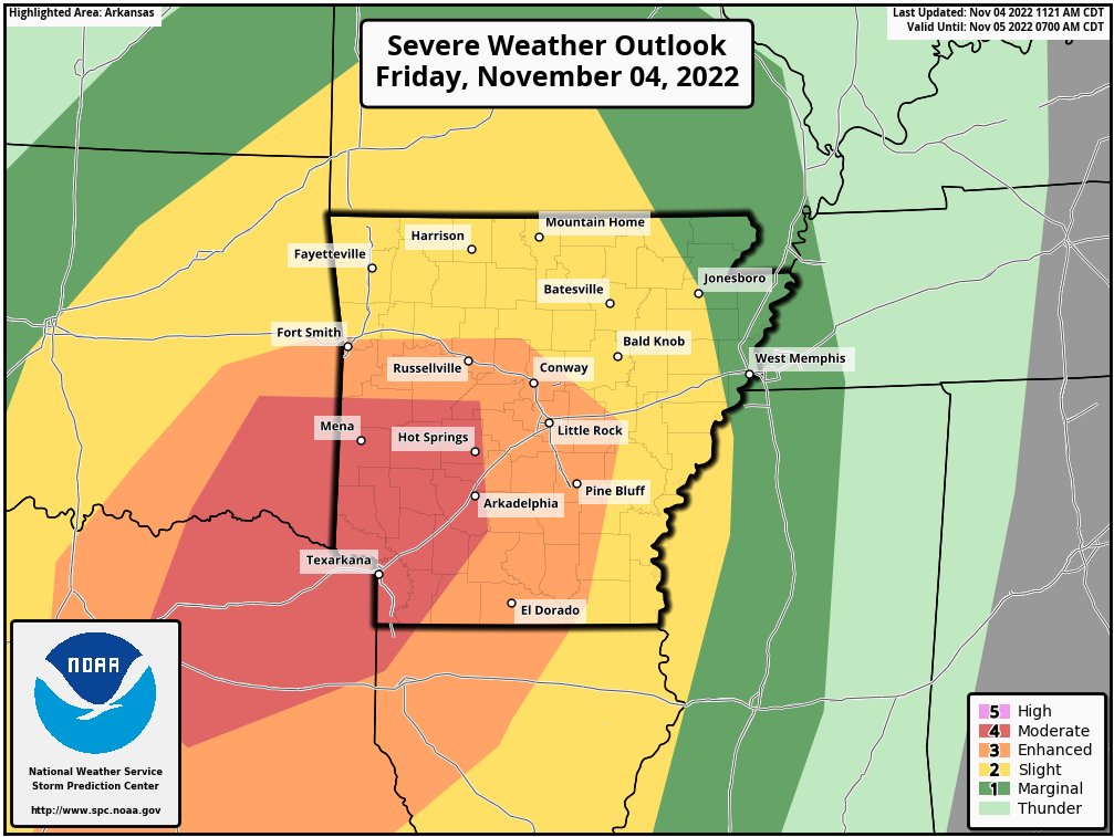 JamesBryantWX's tweet photo. NEW: SPC has upgraded southwest Arkansas to a moderate risk for severe weather with the enhanced now stretching into central Arkansas. 

The moderate and enhanced risk areas are driven by higher tornado AND wind probabilities this evening. Be aware! https://t.co/QXk2lPaHGK
