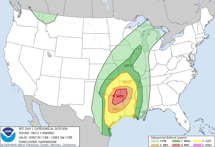 NWSSPC's tweet image. 11:24am CDT #SPC Day1 Outlook Moderate Risk: over parts of southeast Oklahoma, northeast Texas, southwest Arkansas, and northwest Louisiana. spc.noaa.gov/products/outlo…