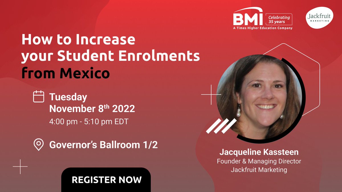 Are you attending NAFSA Region VII Conference next week? Don't miss the session with <a href="/JKassteen/">Jacqueline Kassteen</a>, where she'll share tips &amp; insights on how you can improve your #studentrecruitment in Mexico. 

🗓Nov 8
⏰4 – 5:10PM EDT
📍Governor's Ballroom 1/2

Register: bit.ly/3E2lAOC