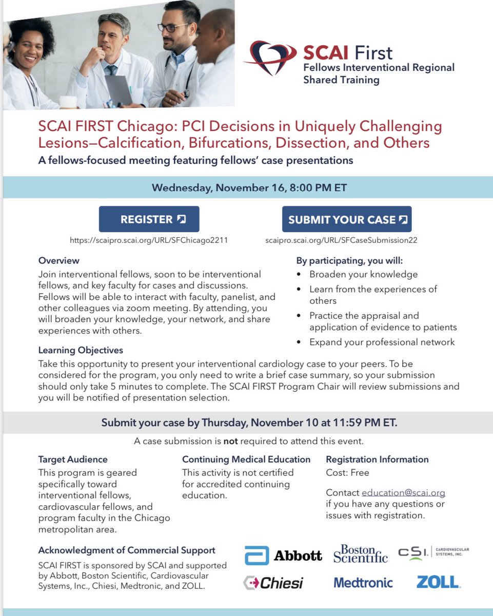 Colleagues: Please join <a href="/AdhirShroff/">Adhir Shroff</a> and myself for the next installment of <a href="/SCAI/">SCAI</a> FIRST Chicago Wed Nov 16, 2022.  Should be some great cases &amp; discussion. Nice thing about virtual is you don’t have to be local to join! Pls RT and register now! #CardioTwitter #MedTwitter #MedEd