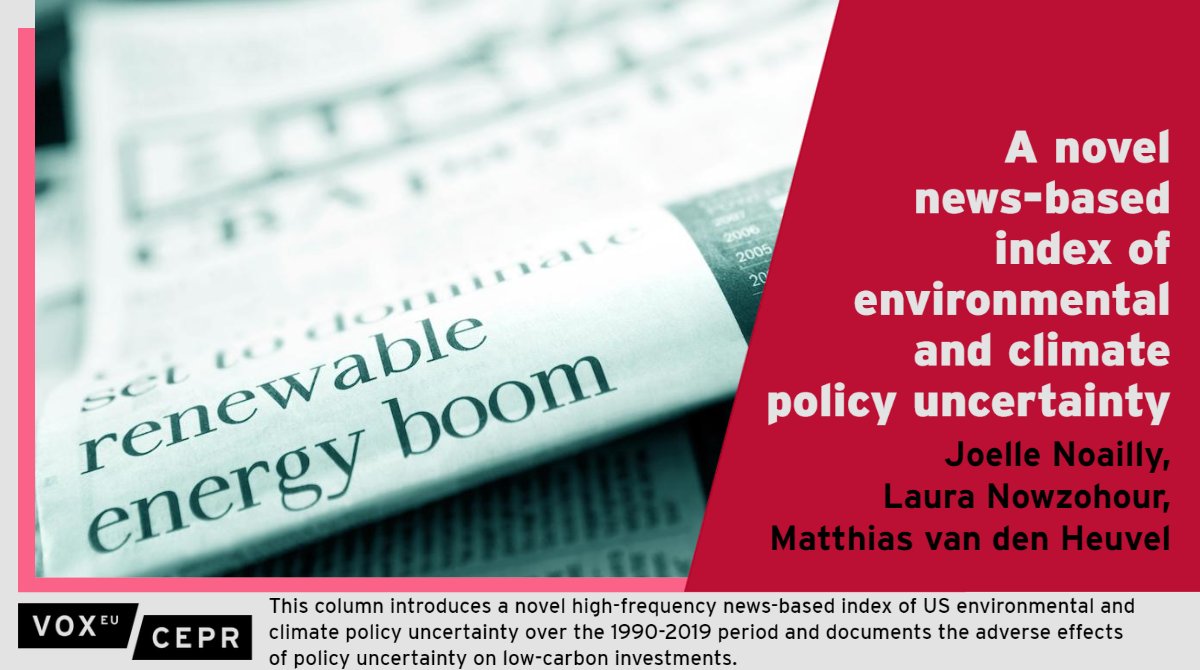voxeu's tweet photo. Introducing a novel news-based index of US environmental &amp; climate policy uncertainty over 1990-2019 to document adverse effects of policy uncertainty on low-carbon investments.
@JoelleNoailly @GVAGrad_CIES, @Laura_Nowzohour @ecb, @Mat_vdH @TheBrattleGroup
https://t.co/faTd54LEBH https://t.co/srQYrcUgTV
