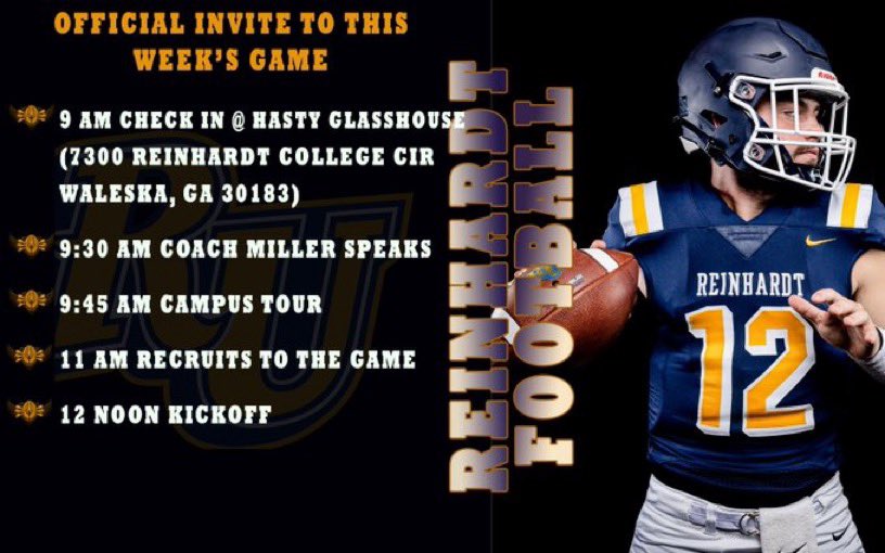 thanks for the invite!!! @A1Willzz <a href="/ReinhardtFB/">Reinhardt Football</a> <a href="/RobStowe4/">Coach Rob Stowe</a>