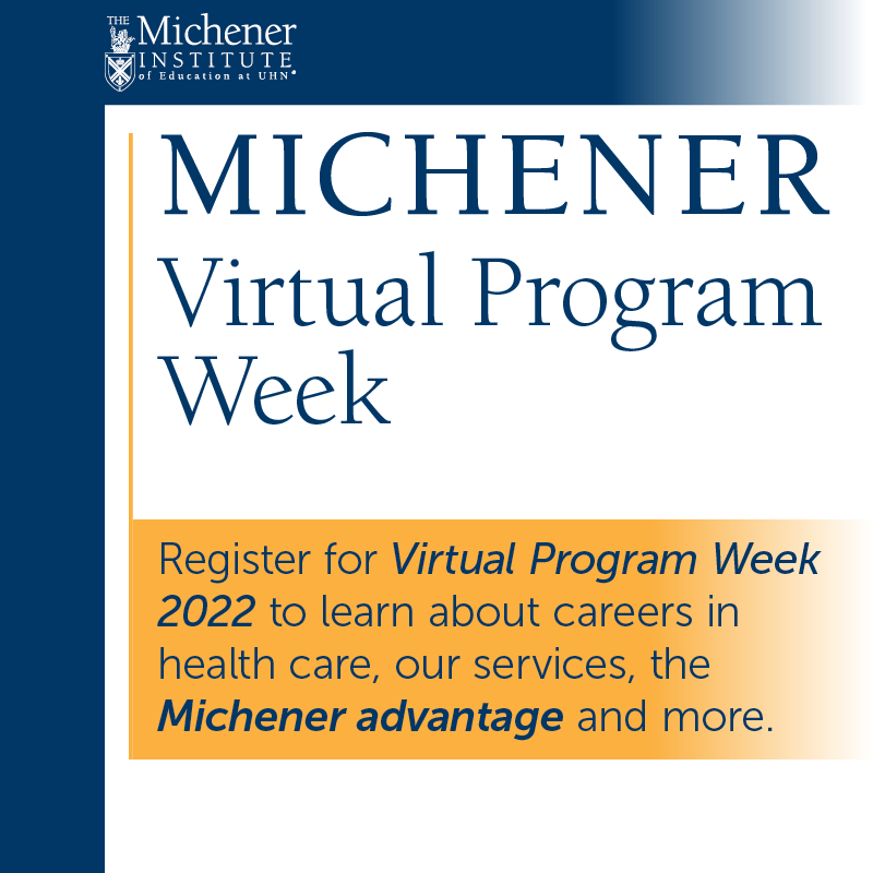 MichenerInst's tweet photo. Join us virtually from November 14-18, 2022 to learn about careers in health care, our services, the Michener advantage and more. This year, we’ll also be featuring a current student/alumni panel.

To register: https://t.co/qyorg2ZjAX https://t.co/Kaj8hsRDIe
