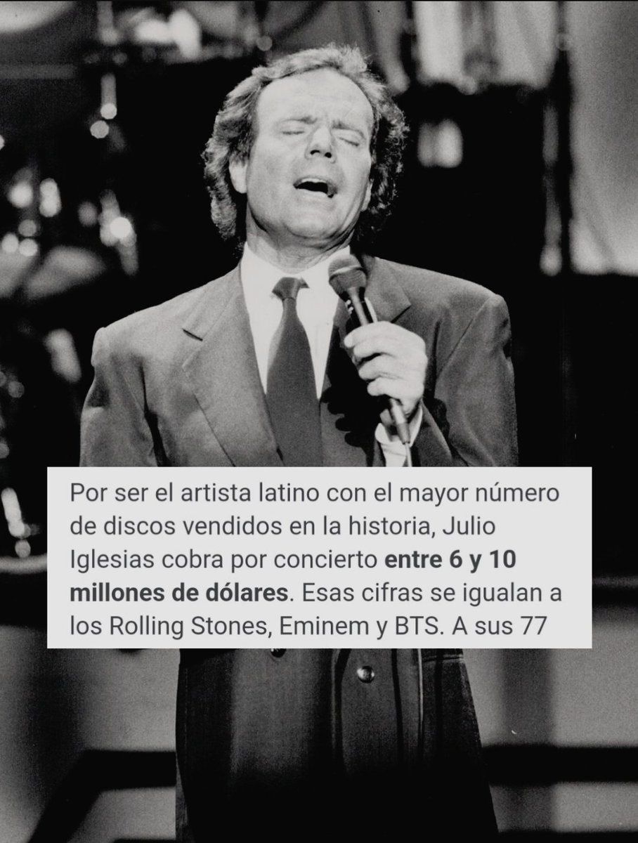 JulioIglesiasTb's tweet photo. Julio Iglesias es el artista latino mejor pagado, cobra entre 6 y 10 Millones de dólares por concierto, mientras que artistas como Bad Bunny rondan por los 860,000 dólares. https://t.co/8F4pv6chwd