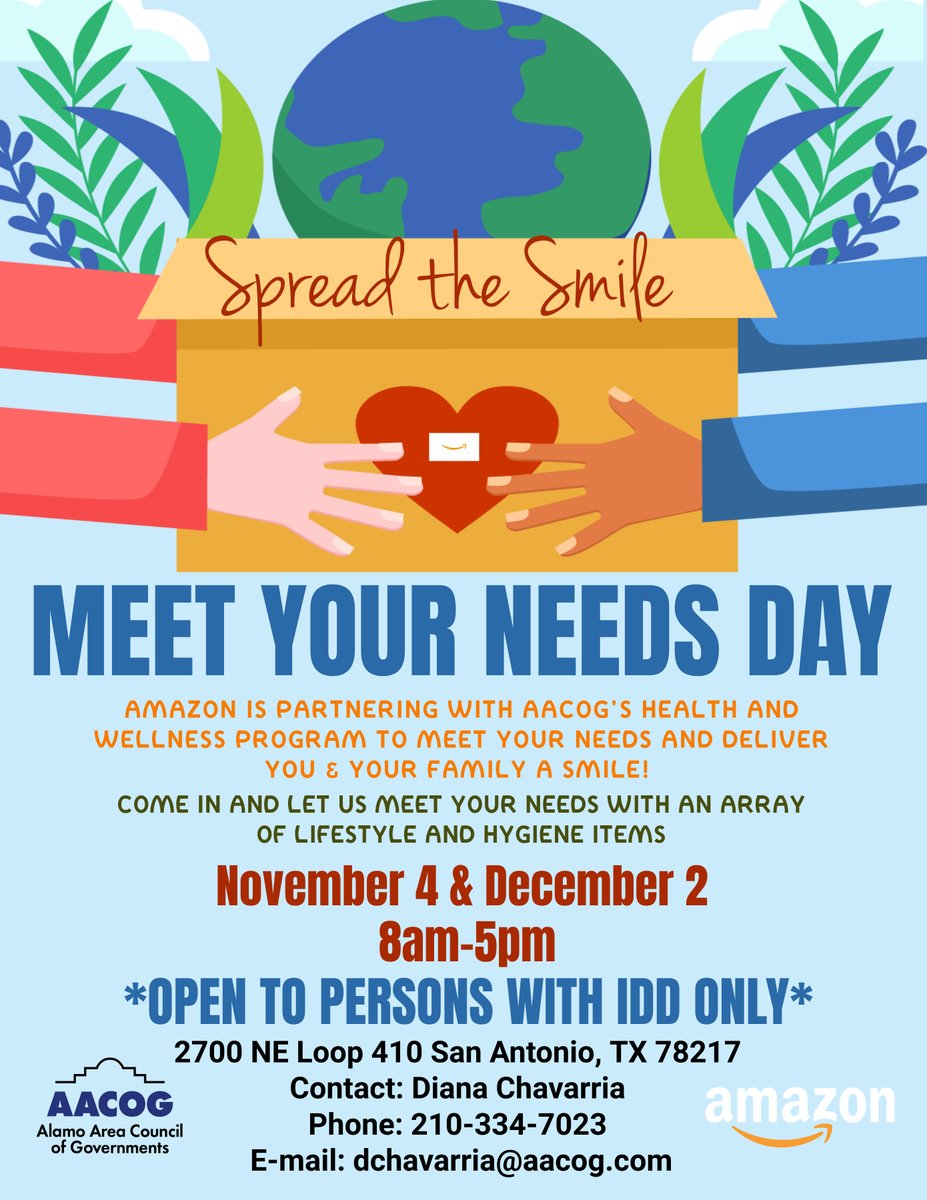 AlamoAreaCOG's tweet photo. Our #IDD Services Health & Wellness Program along with @amazon is hosting Meet Your Needs Day TODAY, 11/4 at #AACOG. Those with IDD & their caregivers are welcome to stop by to collect some hygiene and lifestyle items. No registration needed. First come first served. @AACOGCEO https://t.co/8IaQP09zjP