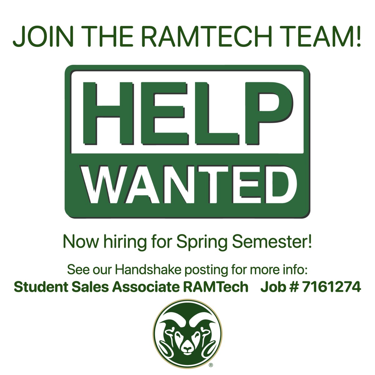 CSU_RAMtech's tweet image. Do you have retail and/or tech experience?  We want to hire you for spring semester!  RamTech offers flexible hours, great starting pay, on-the-job training, and a relaxed work atmosphere.  Apply now via Handshake (Job # 7161274).