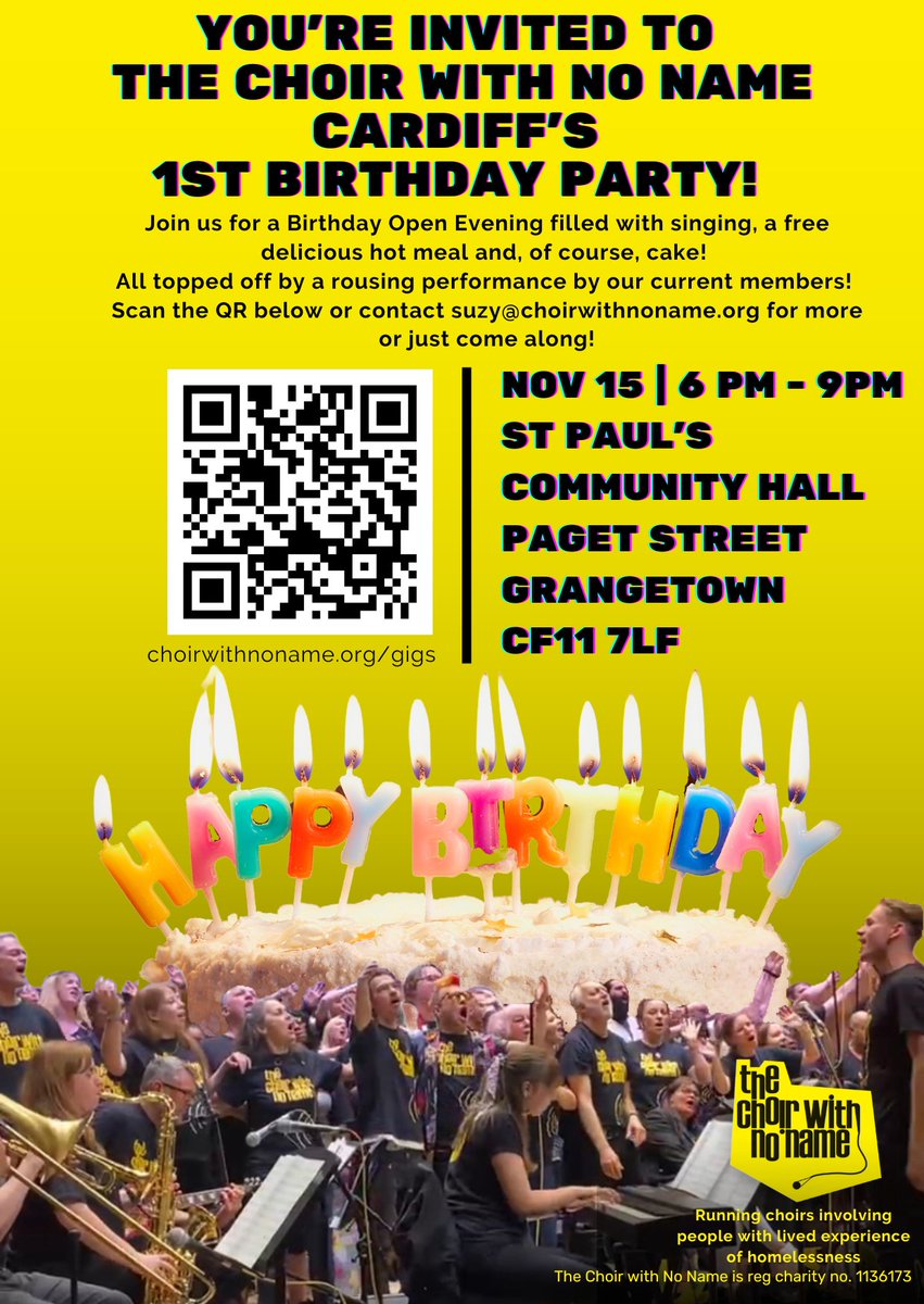 CWNNCardiff (@cwnncardiff) on Twitter photo You (and yours) are invited to join us at our first birthday celebration and open evening!
If you've ever wondered what Choir With No Name is all about, this is the perfect opportunity to find out- with added cake!
Contact suzy@choirwithnoname.org or just pop along! You (and yours) are invited to join us at our first birthday celebration and open evening!
If you've ever wondered what Choir With No Name is all about, this is the perfect opportunity to find out- with added cake!
Contact suzy@choirwithnoname.org or just pop along!