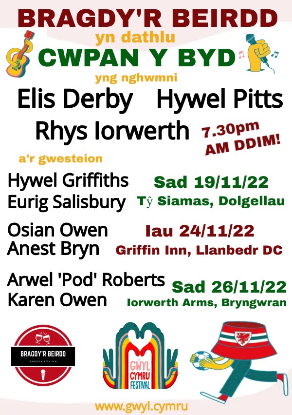 Bragdy'r Beirdd Caernarfon (@brbeirddcfon) on Twitter photo Mae tîm Cymru ar ei ffordd i Qatar... Ac mae Bragdy'r Beirdd hefyd ar daith!
Tair noson arbennig fel rhan o ddigwyddiadau #GŵylCymru yn <a href="/TySiamas/">TySiamas</a>, <a href="/GriffinInn1/">Griffin Inn</a> a <a href="/IorwerthArms/">Tafarn yr Iorwerth (Iorwerth Arms)</a>
Cerddoriaeth, caneuon, cerddi - i gyd yn rhad ac am ddim!
gwyl.cymru Mae tîm Cymru ar ei ffordd i Qatar... Ac mae Bragdy'r Beirdd hefyd ar daith!
Tair noson arbennig fel rhan o ddigwyddiadau #GŵylCymru yn <a href="/TySiamas/">TySiamas</a>, <a href="/GriffinInn1/">Griffin Inn</a> a <a href="/IorwerthArms/">Tafarn yr Iorwerth (Iorwerth Arms)</a>
Cerddoriaeth, caneuon, cerddi - i gyd yn rhad ac am ddim!
gwyl.cymru