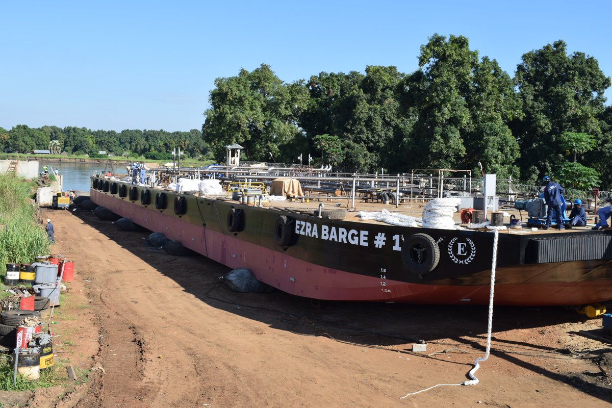EzraCompanies's tweet photo. Ezra Logistics &amp; Courier Co. Ltd, successfully launched one of their two 1000MT barges into the River Nile. The barge will transport refined crude oil from the Upper Nile area to the power plant in Mangalla county. #BuildingALegacyTogether #Bigger&amp;BetterBarge #EzraGroup https://t.co/AaBzBXCb1s