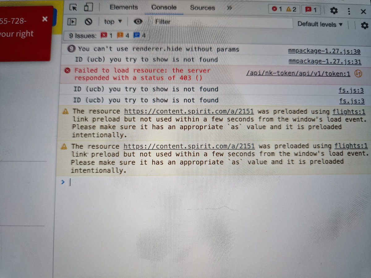 hishellywilson's tweet photo. @SpiritAirlines Is there an issue with your website/booking system atm? Every time I go to search flights I'm getting blank screen and error messages. Two days in a row on 2 different devices. Chrome Inspector showing 403 server error in Console. https://t.co/N8LQl6PUNx