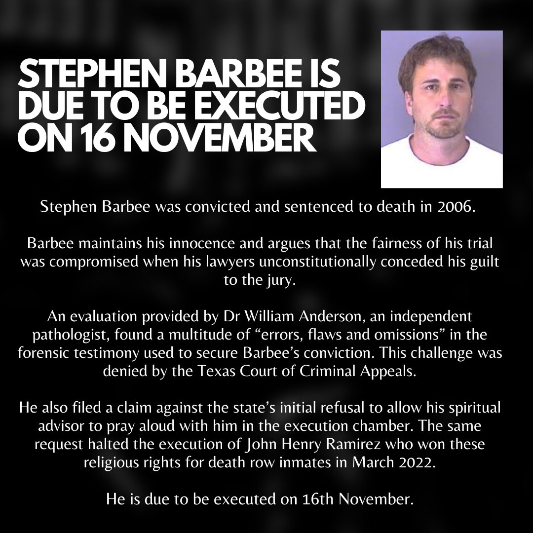 Amicus_ALJ's tweet photo. Stephen Barbee is scheduled to be executed by the state of Texas. Here are a few things you should know...
#deathrowinfo #stephenbarbee #texasdeathrow #deathpenalty #amicus #needtoknow #deathpenaltyeducation https://t.co/QID1trfIDq