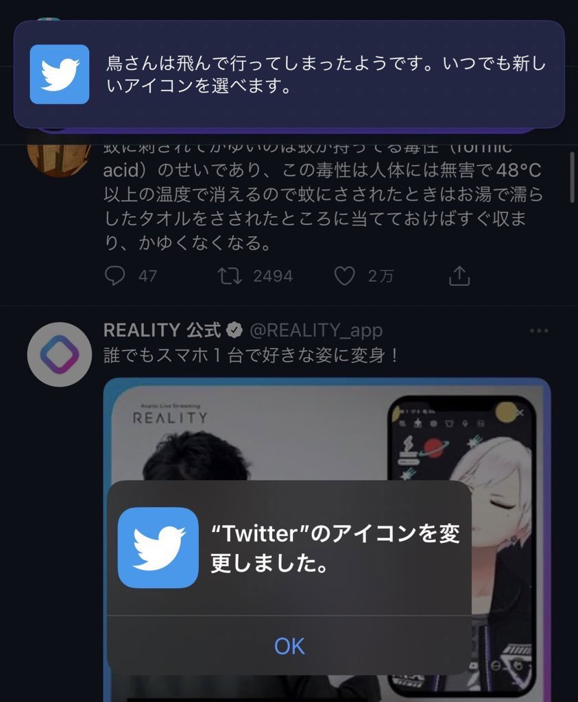 route_show's tweet photo. 12/13
2-⑦ アプリアイコン変更

　Twitterアプリアイコンを変更。季節限定のアイコンは期間が終了すると物悲しいメッセージが表示されデフォルトに戻る。 https://t.co/jISEy3cJ25