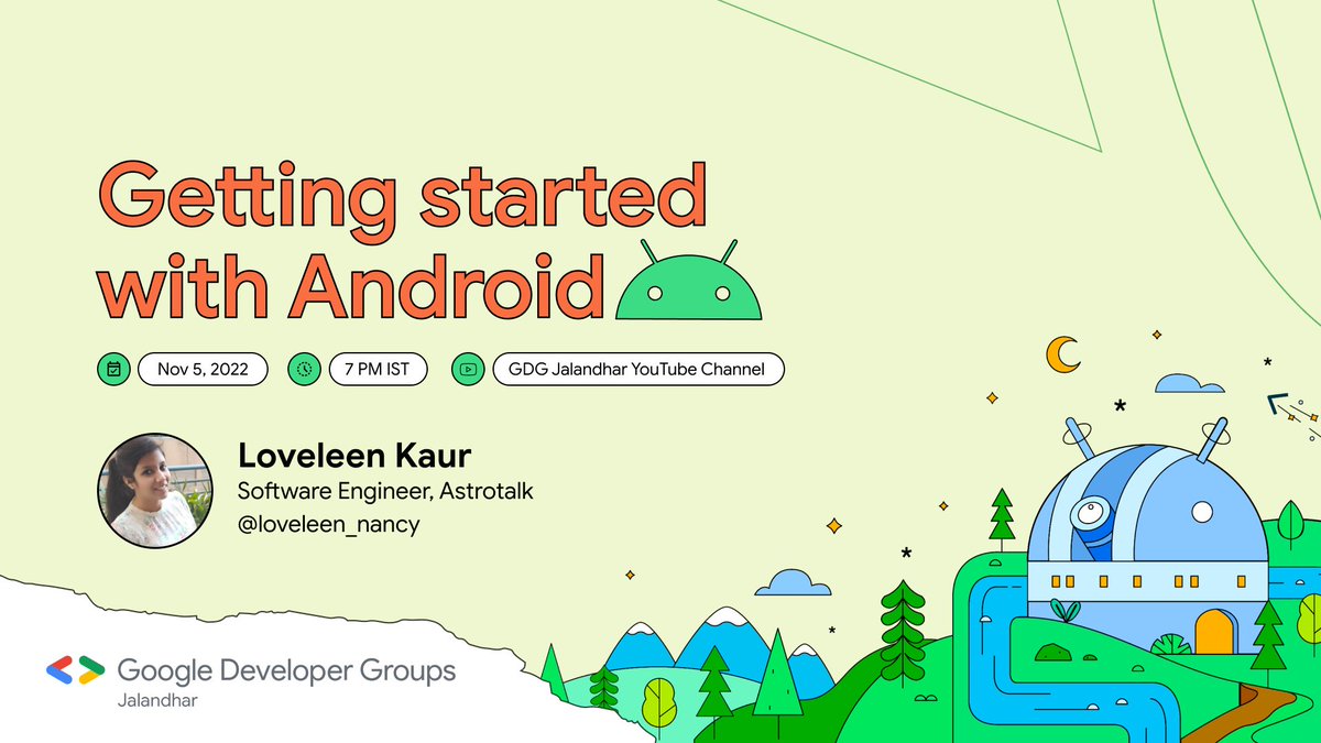 1/n

First Session is to help you with the basics of Android &amp; how you can build an application during the #hackathon.

Be ready to meet Loveleen Kaur (<a href="/loveleen_nancy/">Loveleen Kaur</a>) at bit.ly/youtube-gdgjal…

🗓️Nov 5, 2022 | 07:00 PM

#DevCreate #Android #GDGJalandhar #YouTubeLive