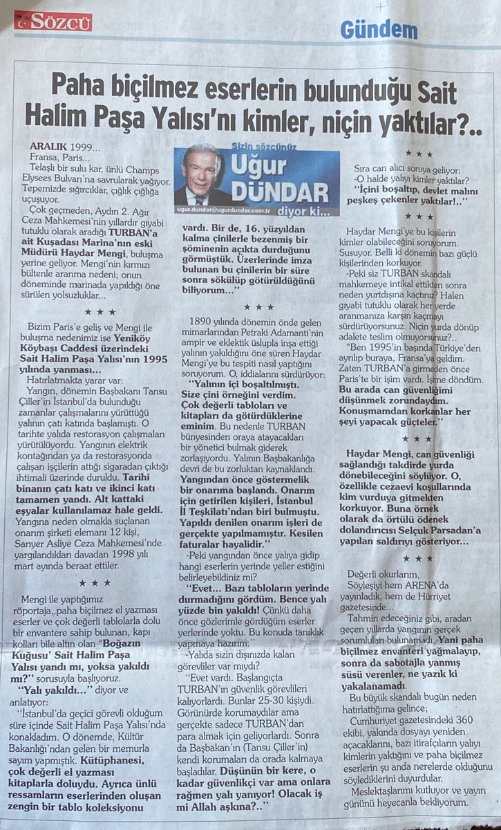 DumankayaUgur's tweet photo. Sait Halim Paşa yalısının 1995 yılında yakılması ile ilgili bugün gazeteci Uğur Dündar bir köşe yazısı yazmış..!

Haberi yazarken en önemli detayı ise atlamış.

Yalının aylar öncesinden yakılacağını ihbar eden dönemin milletvekili Halit Dumankaya’nın beyanatlarını..! https://t.co/TpMXuR2Ub5