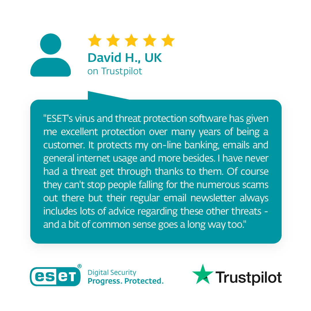 ESETUK's tweet photo. We got you covered!
Thanks to testimonials from our business customers, like this one submitted to Trustpilot, we can take pride in our work and products. 😊
#ESET #ProgressProtected #HybridWorking
#ESETNOD32Antivirus #ESETInternetSecurity #ESETSmartSecurityPremium https://t.co/GkVOEHYyre