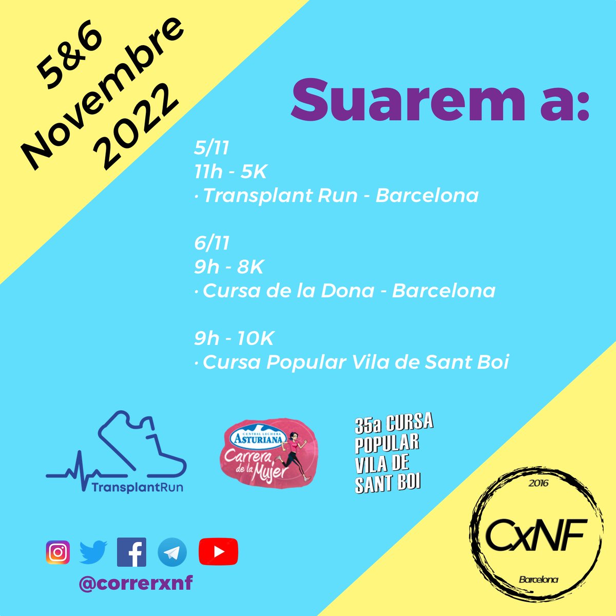 Acabarem la setmana amb tres curses:
<a href="/Transplant_run/">TransplantRun</a> amb <a href="/JordiMotllP/">Jordi Motlló P.</a> 
<a href="/CarreraMujer/">Carrera de la Mujer</a> amb Veronica
<a href="/cursasantboi/">Cursa Popular Vila Sant Boi</a> amb <a href="/carles_palou/">Carles Palou</a>