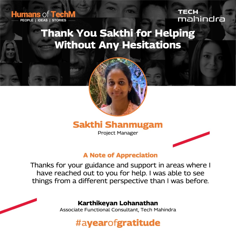 tech_mahindra's tweet photo. In this chapter of #AYearOfGratitude, we have Karthikeyan Lohanathan thanking Sakthi Shanmugam, a Project Manager at Tech Mahindra.
You can find out all about the Humans of TechM here: https://t.co/ge7SrQSY20
#HumansOfTechM #LoveToBeTechM https://t.co/ofYv9S2YWM