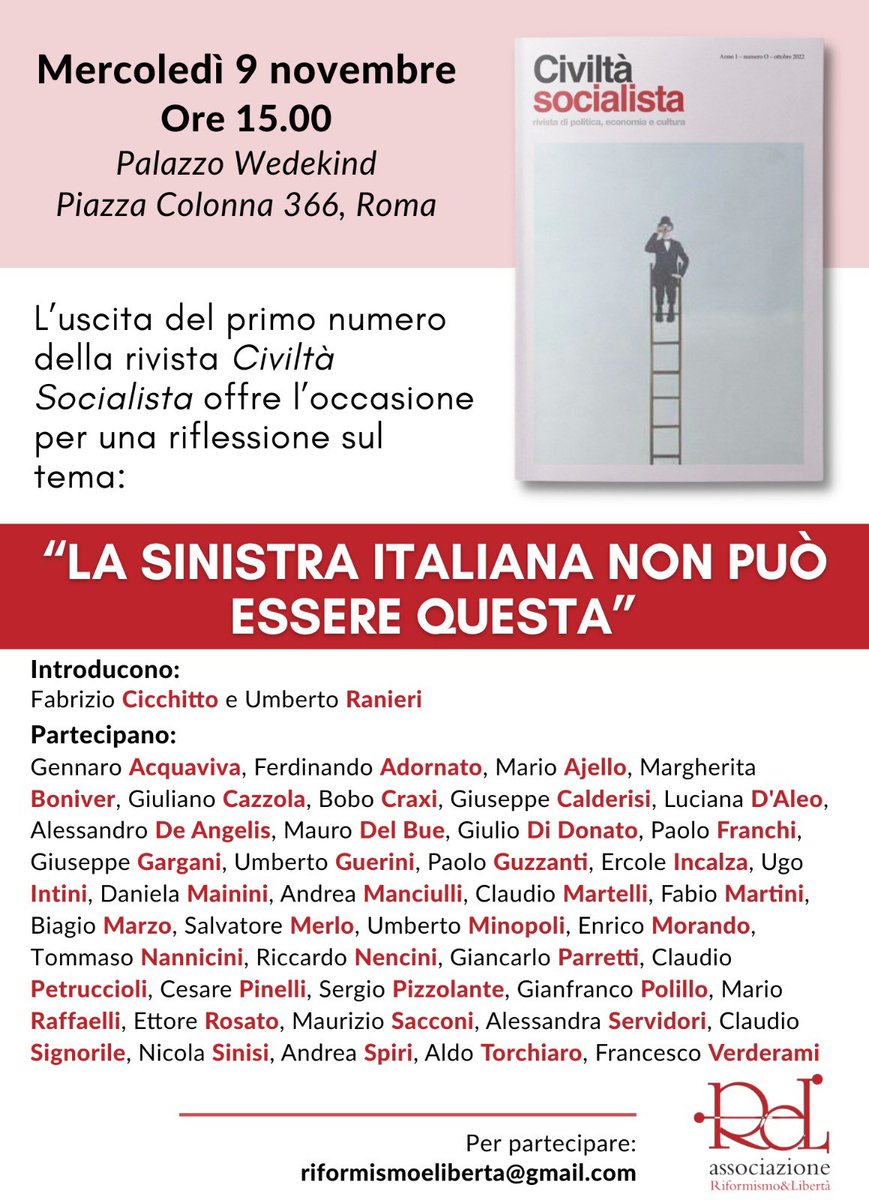 Vi aspetto mercoledì prossimo a Roma per presentare il primo numero della rivista Civiltà socialista