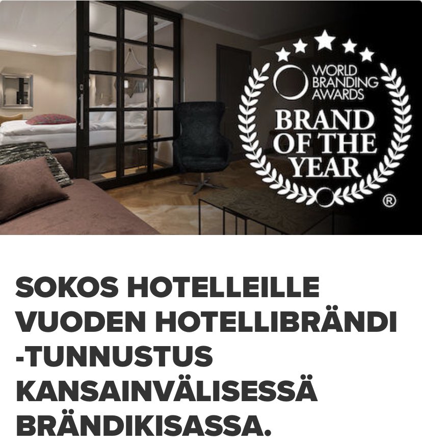 HOjanper's tweet image. Sokos Hotellit on saanut Vuoden brändi 2022 -palkinnon kansainvälisen The World Branding Awards -kilpailun hotellikategoriassa.