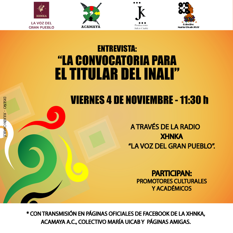 CMariaUicab's tweet photo. Convocatoria del @INALIMEXICO en el marco del #DececioInternacionalDeLasLenguasIndigenas
* HOY - 11:30 AM
A través de la @voz_gran 
#ACAMAYA #ColectivoMaríaUicab
Simbólico #diseño de @JkChable

🇲🇽🌎🛖
Escucha el programa haciendo click en este link
👉🏽https://t.co/5UoN5TPj64 https://t.co/Er2NaUAflJ