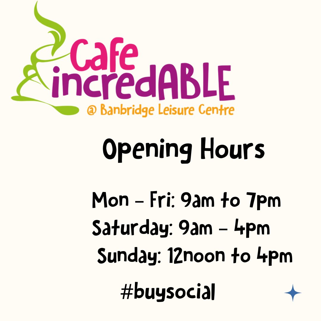 Cafe incredABLE @ Banbridge Leisure Centre opens tomorrow morning at 9am! 🥳 Our new #socialenterprise cafe is located on the first floor of the centre, adjacent to the swimming pool viewing gallery. We hope to see you all soon!