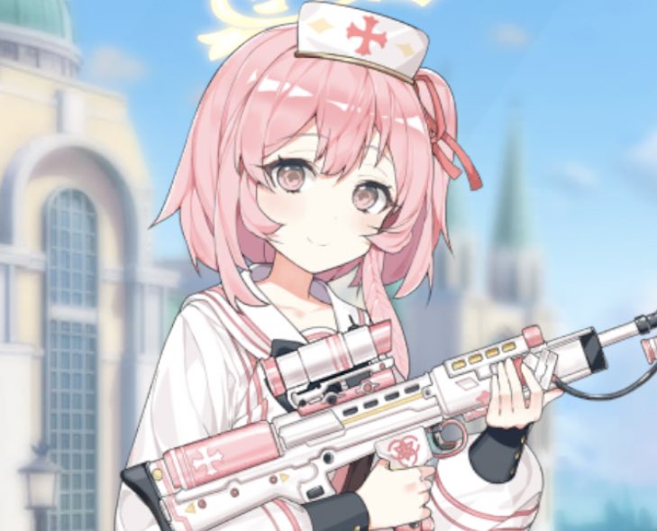 1girl weapon gun pink hair halo solo nurse cap  illustration images