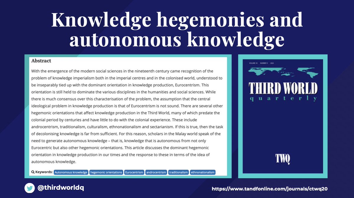 thirdworldq (@thirdworldq) on Twitter photo New from Professor Syed Farid Alatas!
"Knowledge hegemonies and autonomous knowledge"
Read it here: tandfonline.com/doi/full/10.10…
<a href="/NUS_SocAnth/">NUS Sociology & Anthropology</a> <a href="/unimalaya/">Universiti Malaya</a> New from Professor Syed Farid Alatas!
"Knowledge hegemonies and autonomous knowledge"
Read it here: tandfonline.com/doi/full/10.10…
<a href="/NUS_SocAnth/">NUS Sociology & Anthropology</a> <a href="/unimalaya/">Universiti Malaya</a>