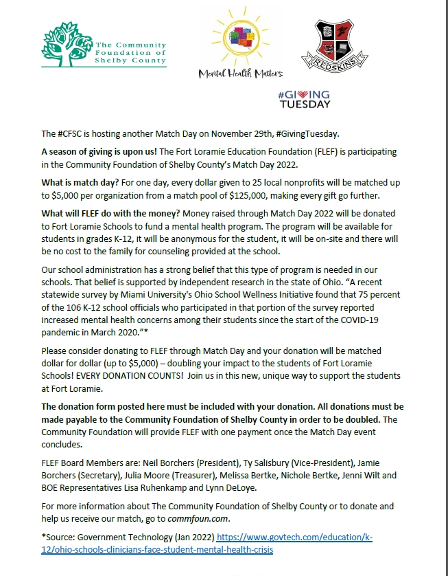 The Community Foundation of Shelby County is hosting another Match Day on Nov. 29th, #GivingTuesday. Please see below on how the FL Education Foundation is participating this year, and how any money they receive will be donated to fund programming to help FL students, K-12.