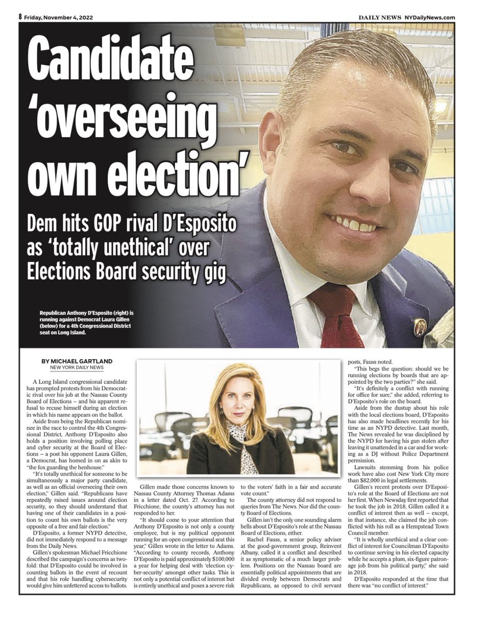 #ICYMI Today’s <a href="/NYDailyNews/">New York Daily News</a> 

Extremist <a href="/ANTHONYDESPO/">Anthony P. D'Esposito</a> is making Putin blush by attempting to oversee his own election. But it won’t help him. 

Extremists like him don’t belong anywhere near our democracy, never mind the halls of Congress. #DemocracyNotAutocracy #NY04