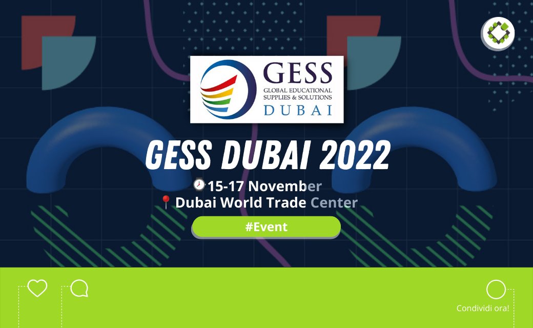 It's a pleasure to announce our presence at #GESSDubai from 15-17 November 2022 at the Dubai World Trade Centre.
Come and visit our stand to see our latest products and educational solutions.

We are waiting for you!
Here's the link to sign up: eu1.hubs.ly/H024LRy0
