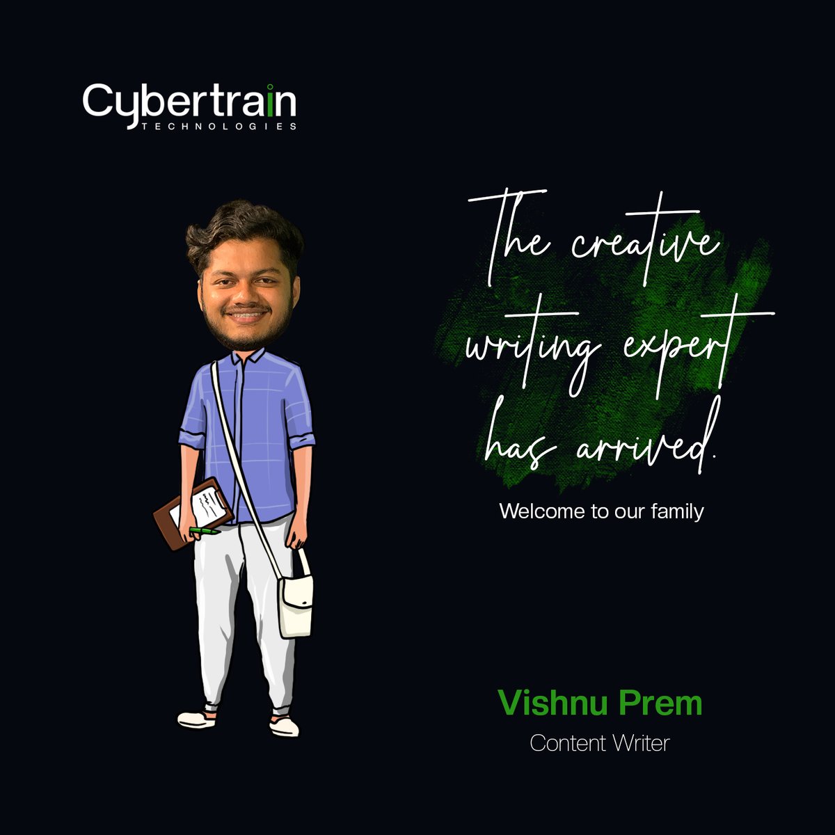 Cybertraintech's tweet photo. Since you arrived, our content writing has become more creative and dynamic. We are excited to accompany you on your journey with Cybertrain Technologies. Welcome on board, Vishnu.
.
.
#cybertrain #teamcybertrain #welcome #consultingcompany #contentwriter https://t.co/XRlEpJKg22