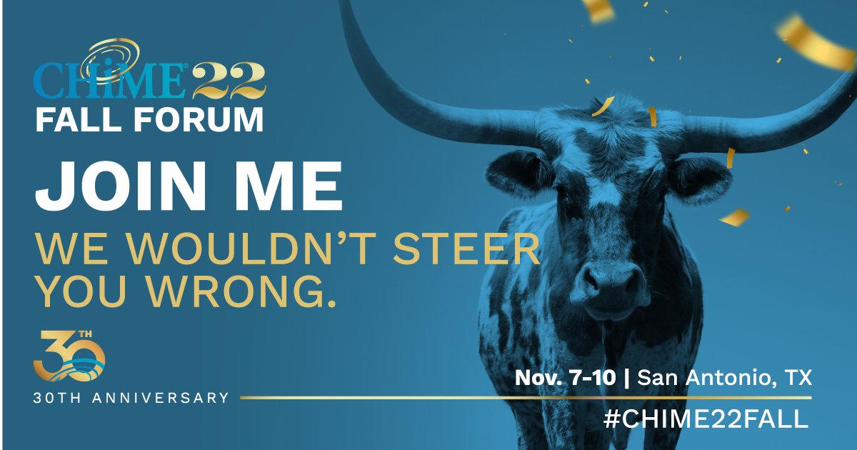 ClearsenseLLC's tweet photo. It's almost time! We know @CIOCHIME has an incredi-bull lineup for us at #CHIME22Fall in just a few days. Can't wait to see you all there. #CHIME30Years #CIOCHIME https://t.co/0SlTkA5Bkk