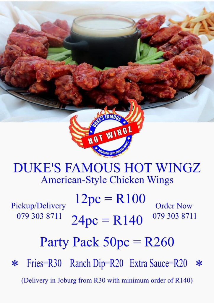 DukeWingz's tweet photo. Enjoy the best wings in town this weekend!!!! Duke's Famous Hot-wings are delicious American-style chicken wings perfect for any occasion. Pickup and delivery available. Place your order now for the weekend! Call or whatsapp 0793038711

#foryoupage #menu #jozi #menu #fooddelivery https://t.co/sSDz71KBsg