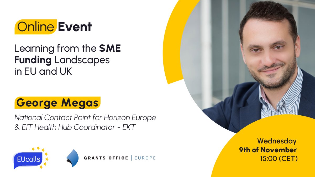 eucallsnet's tweet photo. 📣The #Funding Landscape for #SMEs in the #EU &amp; the #UK 🗣️ Meet our keynote speakers: George Megas, National Contact Point for #HorizonEurope &amp; #EIT #HealthHub Coordinator #ΕΚΤ

🔴Live on November 9, 2022, at 15:00 (CET)

➡Register now for free: https://t.co/OhwV3bp6uO

#EUcalls https://t.co/Ite7QnKpU3