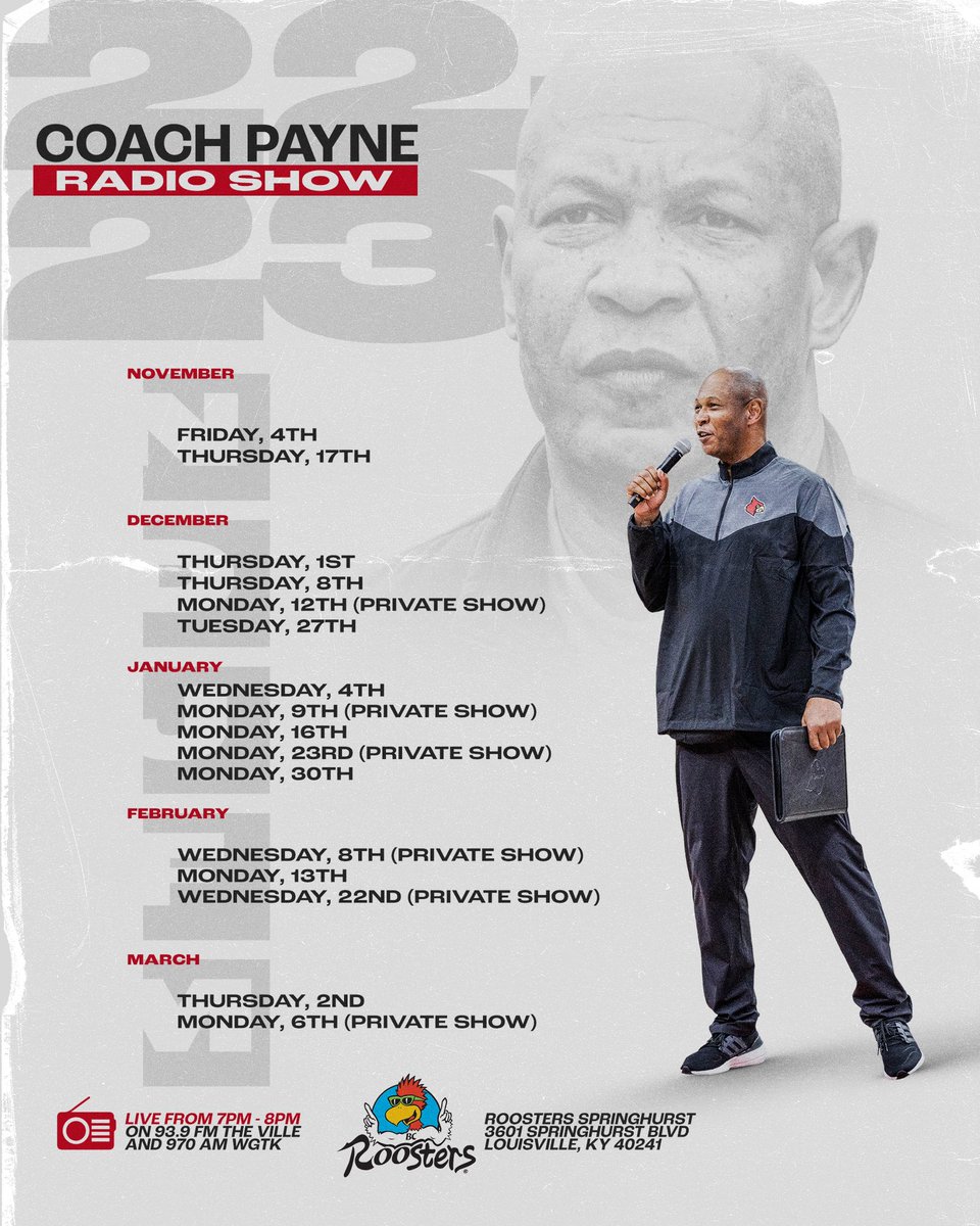 Mark your calendars for the full season & join us at @Roosters tonight for the first official @coachkennypayne Radio Show! Details: gocards.com/news/2022/11/4… #GoCards