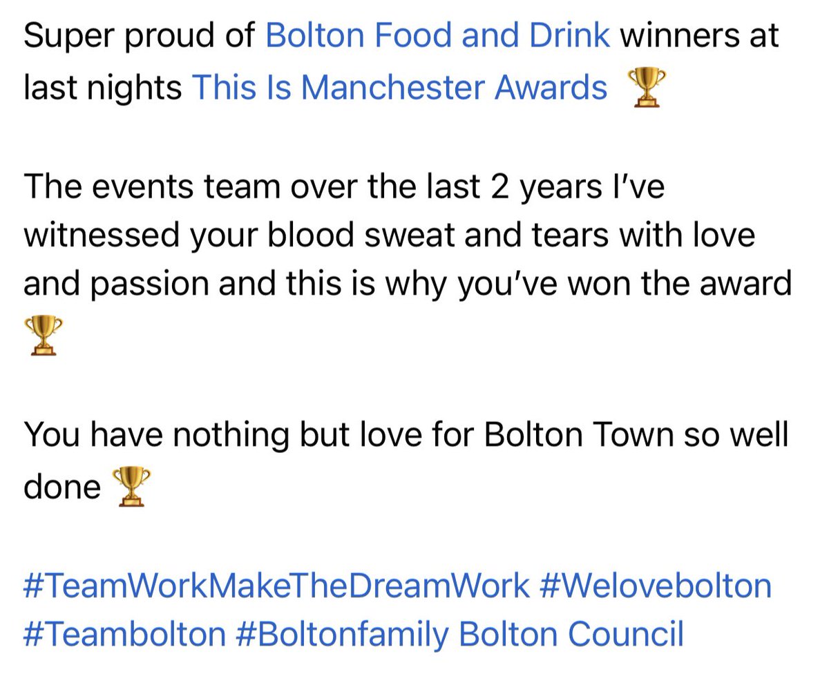 Well done <a href="/BoltonFoodFest/">BoltonFoodFest</a> <a href="/boltoncouncil/">Bolton Council</a> #Winners <a href="/thisismcrawards/">THIS IS MCR AWARDS ®</a> <a href="/boltoncouncil/">Bolton Council</a> <a href="/PeelLandP/">Peel L&P</a> <a href="/HultonPark/">HultonPark</a> <a href="/statesidefoods/">Stateside Foods</a> <a href="/OfficialBWFC/">Bolton Wanderers</a> <a href="/Warburtons/">Warburtons</a> 👌🏽🙌🏽👏👏