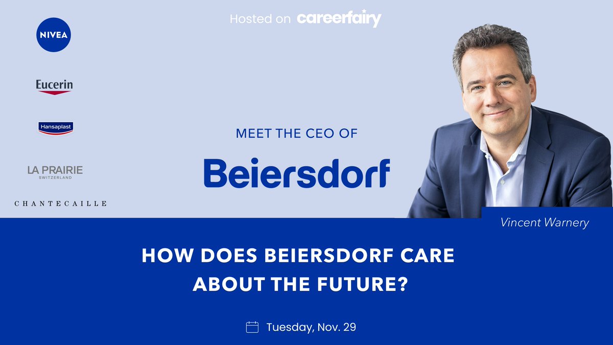 "How does Beiersdorf care about the future? Ask the CEO!” Join the webinar with Careerfairy on Nov 29 at 12 am! Hear first-hand from our company’s leader Vincent Warnery how we plan to tackle challenges around sustainability, D&amp;I and more. Sign up now: careerfairy.io/upcoming-lives…