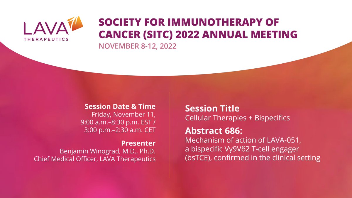 LAVA Therapeutics, N.V. (@lavatx) on Twitter photo We’re gearing up for #SITC2022, where we’re presenting data demonstrating on-mechanism pharmacodynamics for LAVA-051, our CD1d-targeting #gammadelta T cell engager, in patients with #CLL and #multiplemyeloma. Learn more: bit.ly/3fJBfsl 
#immunooncology We’re gearing up for #SITC2022, where we’re presenting data demonstrating on-mechanism pharmacodynamics for LAVA-051, our CD1d-targeting #gammadelta T cell engager, in patients with #CLL and #multiplemyeloma. Learn more: bit.ly/3fJBfsl 
#immunooncology