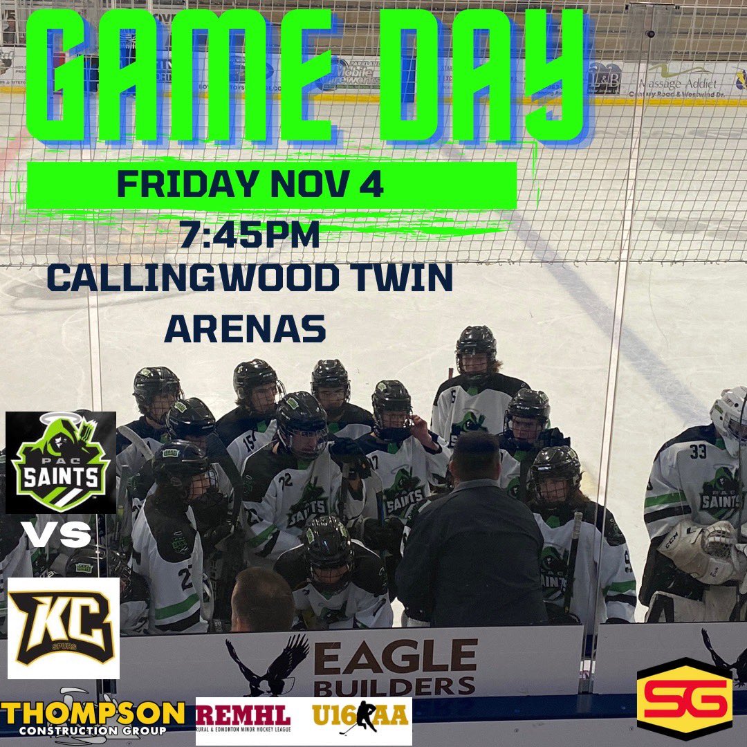 U16AAPACSaints's tweet photo. Looking to fill out your Friday sched? We’d love to see you at Callingwood twin rinks tonight at 7:45 as we take on @KCSpursU16AA #PACSaints #FridayNightHockey #ClubHockey #AlbertaBuilt #REMHL #YEG
.
We are proudly sponsored by @StandardGeneral and #ThompsonConstructionGroup https://t.co/PcdeHU42Fd