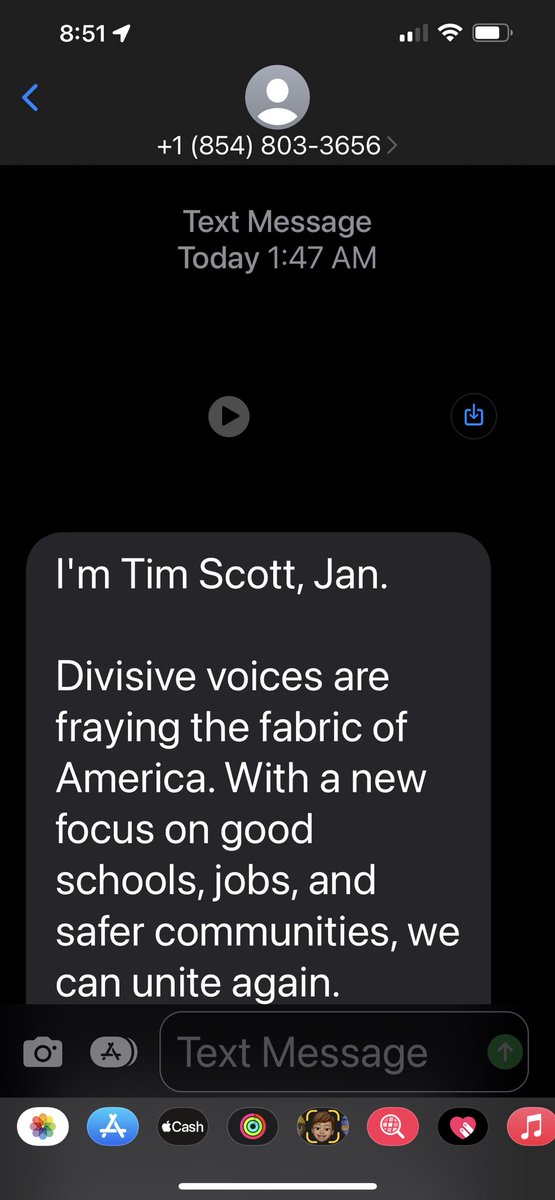 JCapps14's tweet image. This one way NOT to get my support. A spam political text @ 1:47AM.  I do not dislike this candidate but Tim Scott please pay for more better robo tech.
