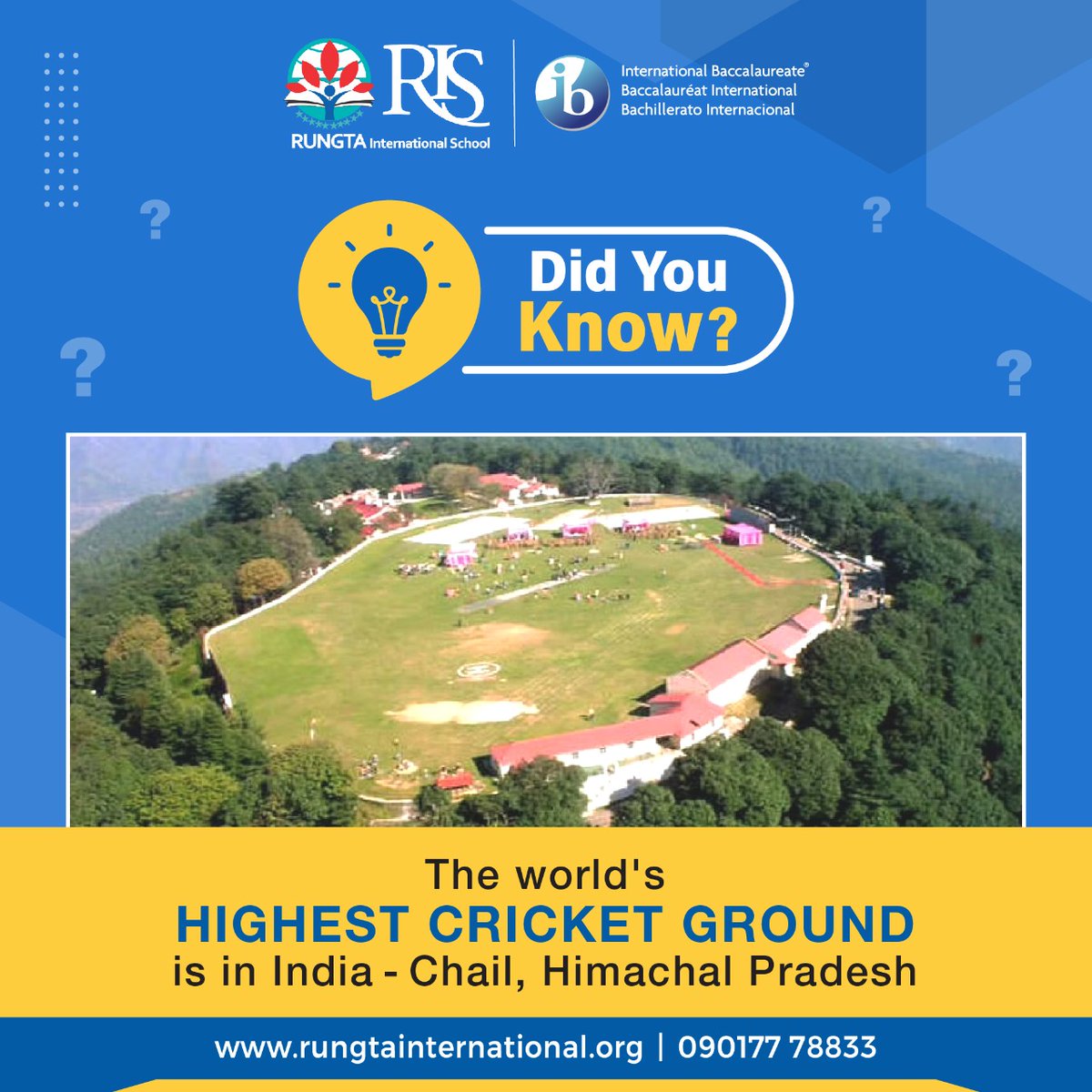 RungtaSchool's tweet photo. Did you know?
The world's largest cricket ground  is in India---Chail, Himachal Pradesh
.
.
.
#Chhattisgarh #largestcricketground #chail #rungtainternationalschool #trendingpost #ibschool #facts #trending https://t.co/fi1MEvdw1L