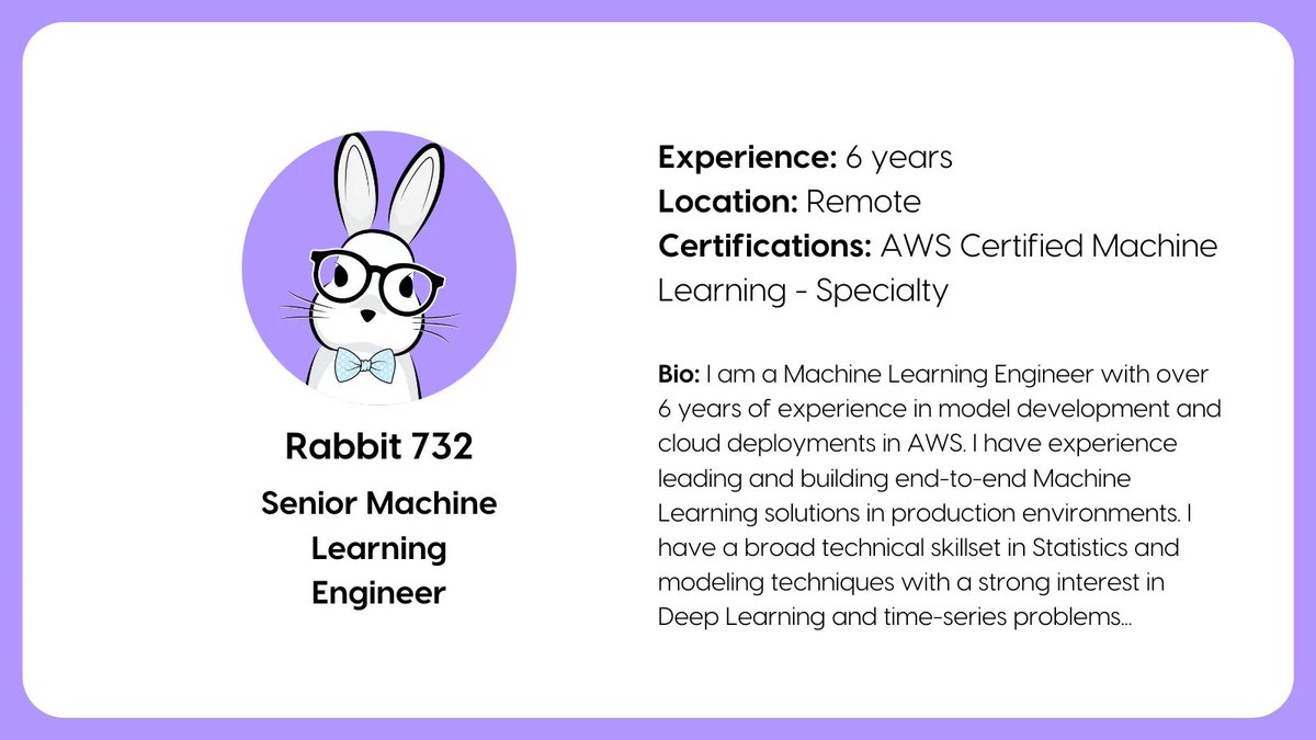 NerdRabbit_'s tweet photo. This experienced and certified Senior Machine Learning Engineer is available now! Learn more ➡️ https://t.co/fXS9MzIpjy 
#NerdRabbit #aws #cloudmigration #costsaving #awscertified #innovate #verified #machinelearning #machinelearningengineer #MLengineer #AWSmachinelearning https://t.co/hLWZGSy5A0