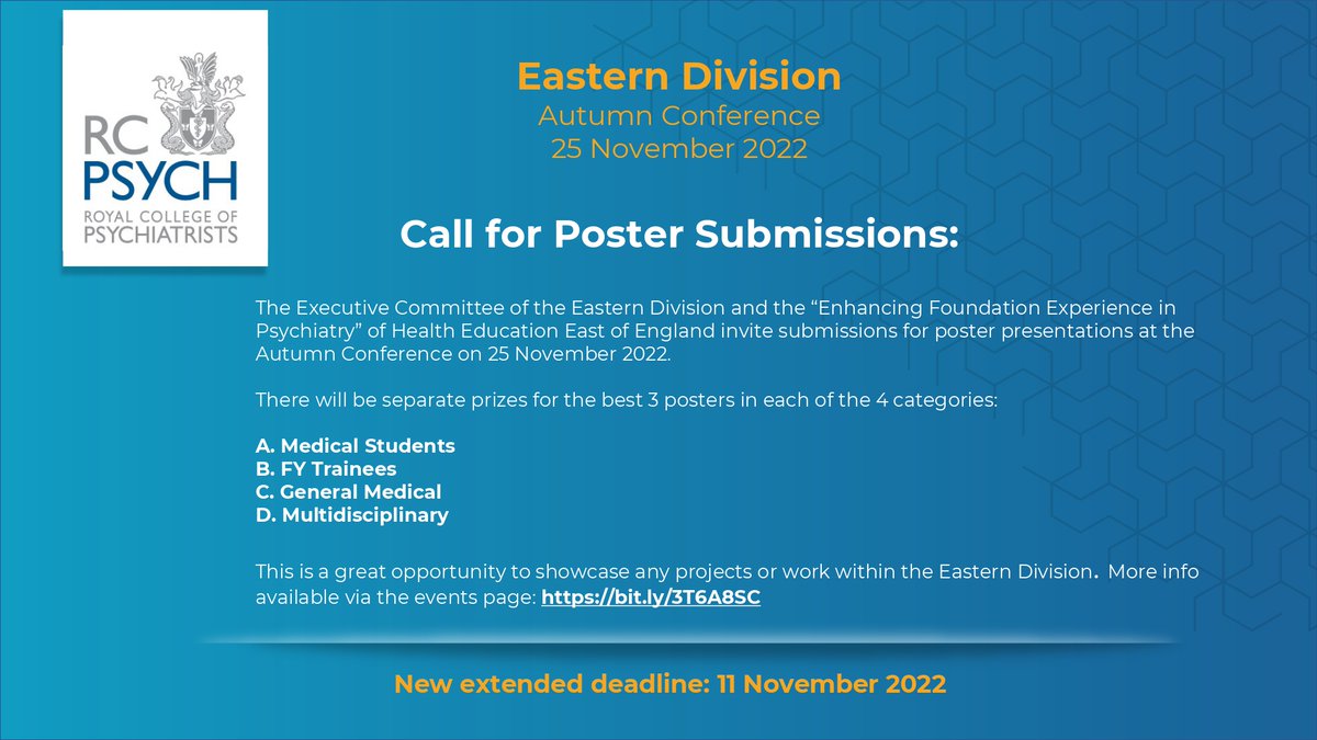 rcpsychEastern's tweet photo. Still time to enter the poster prize for the 2022 Autumn Conference (4 categories available). 🗓Deadline extended to; 11 November. More info via events page ➡ https://t.co/RIGFXTP0hl 
@Kallur_Suresh @ManalMaraghy1 @AconwayM
 @Agarwal2Nita @chrisol1 @drsarahmax @aaraoof https://t.co/vQvGU9HTTd