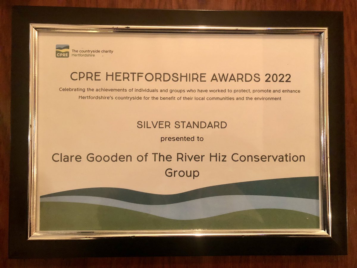 RiverHiz's tweet photo. Congratulations to our founder and Chair, Clare Gooden, whose achievements with the RHCG were recognised at the CPRE Hertfordshire Awards. She is so deserving of the “Special Award 2022” for her contribution to protecting Hertfordshire’s rivers. #riverhiz #chalkstreams #RHCG https://t.co/CvHmvEVGpD
