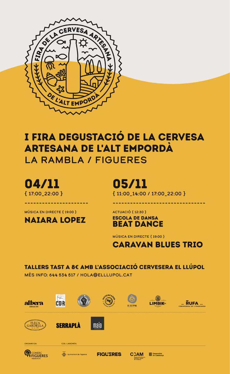 ajfigueres's tweet photo. 🔈Avui comença la 1a Fira Degustació de la Cervesa Artesana de l'Alt Empordà
🍺🎶Tallers de tast, música en directe, actuacions de dansa i molt més!

📍La Rambla
📅4/11 i 5/11 https://t.co/eKWHHCogSp