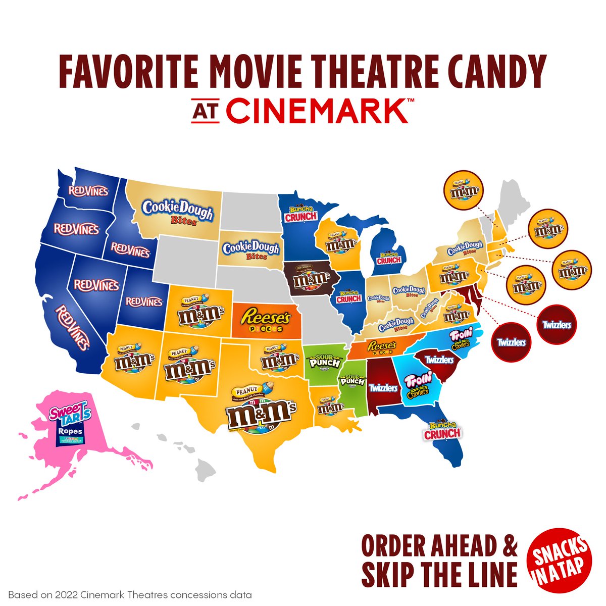 Cinemark's tweet photo. FYI: It's National Candy Day today! 🍫🍬

We broke down each state's favorite candy at our theatres.

Thoughts?! https://t.co/gjyz0ndesf