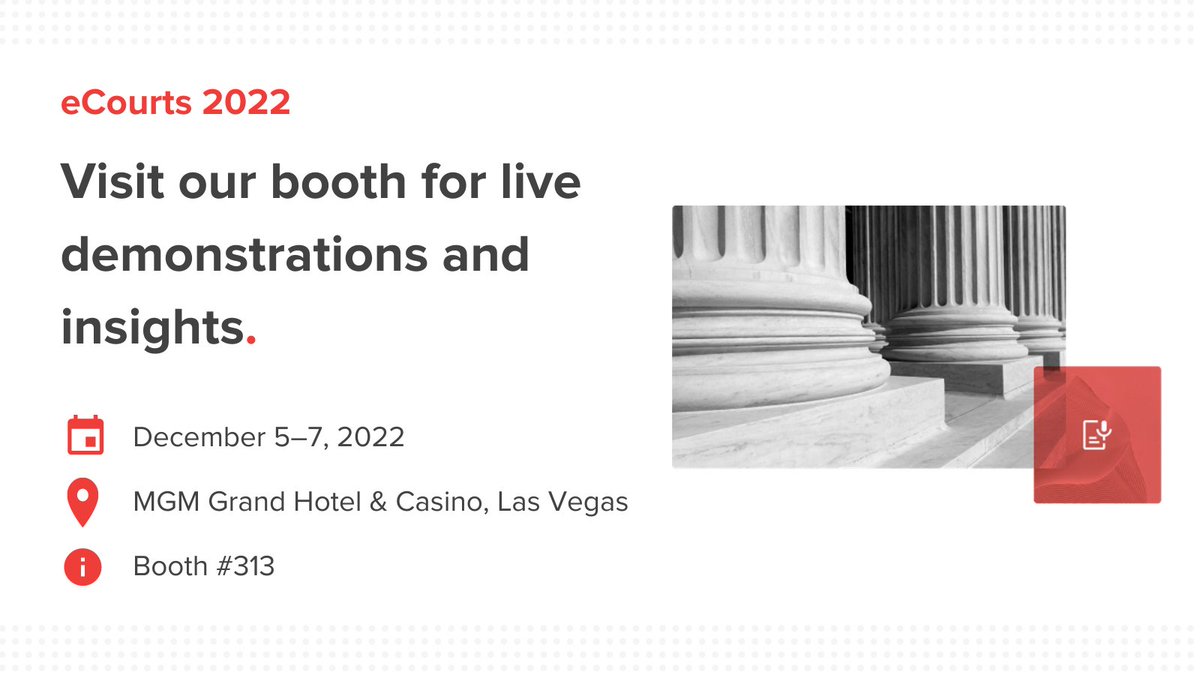 FTRLTD's tweet image. For The Record will be at #eCourts2022 in Las Vegas.

Join us at booth #313 to learn how For The Record is accelerating innovation and modernizing courtrooms around the world.

#courttechnology #justicetechnology