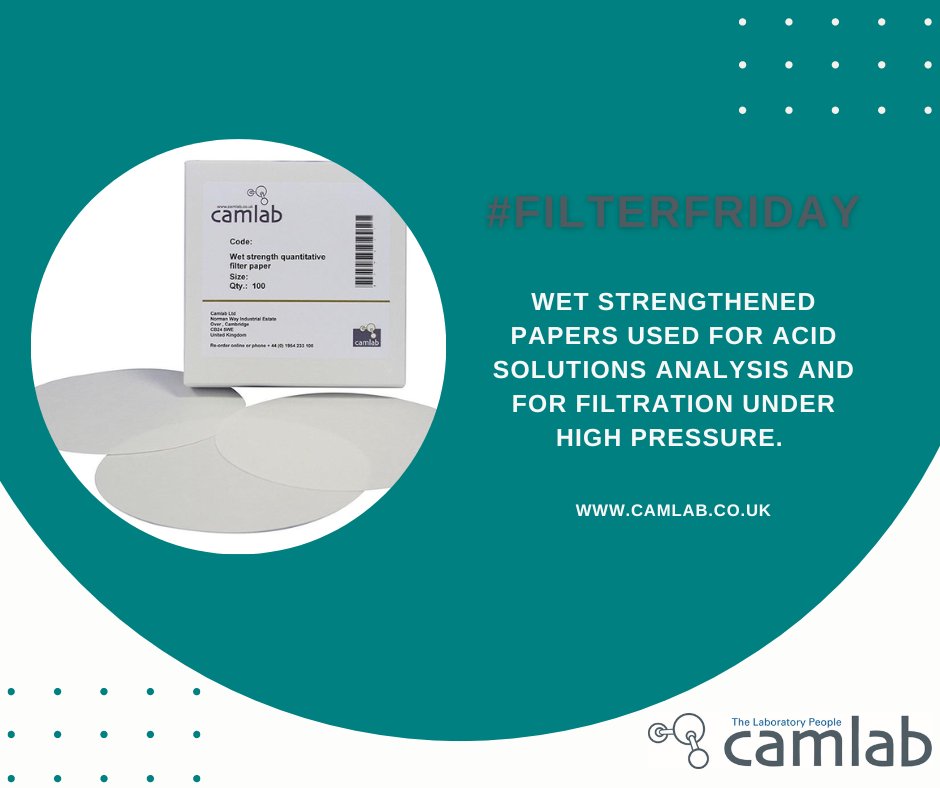 Camblab's tweet image. #FilterFriday - Wet strengthened #filterpapers used for acid solutions analysis and for #filtration under high pressure.

camlab.co.uk