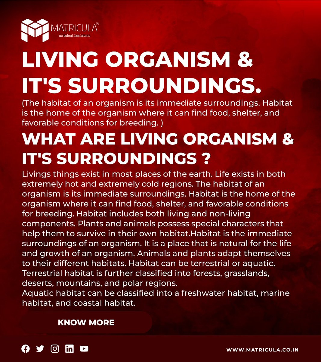 Matricula_edu's tweet photo. LIVING ORGANISM &amp; IT'S SURROUNDINGS.

(The habitat of an organism is its immediate surroundings. Habitat is the home of the organism where it can find food, shelter, and favorable conditions for breeding.
.
.
.
.
..
.
 #exams #matriculaedu #matricula https://t.co/FwevNGNG3i